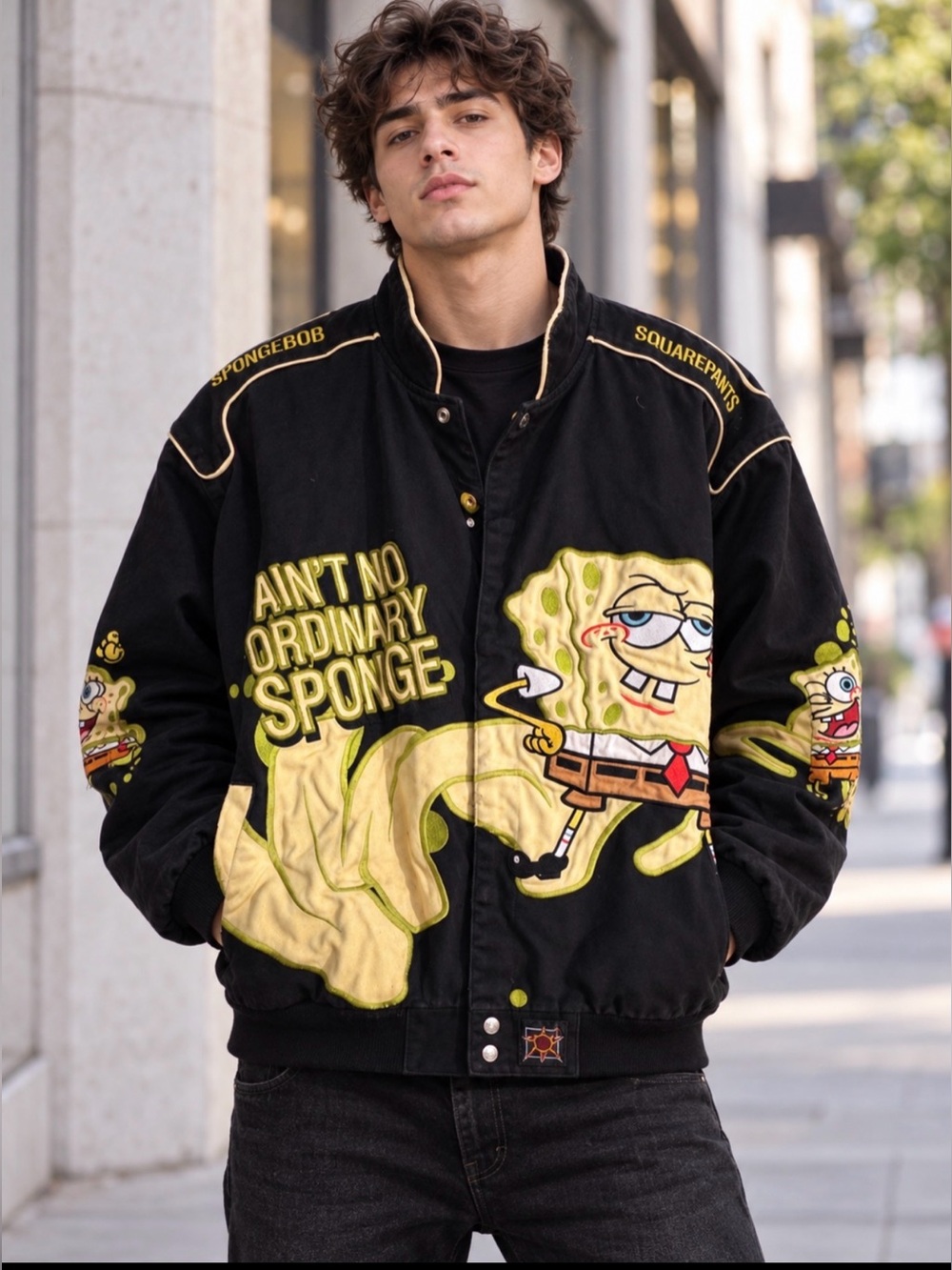 Vintage Nickelodeon Sponge Bob NASCAR racing men’s jacket 2XL JH Design black